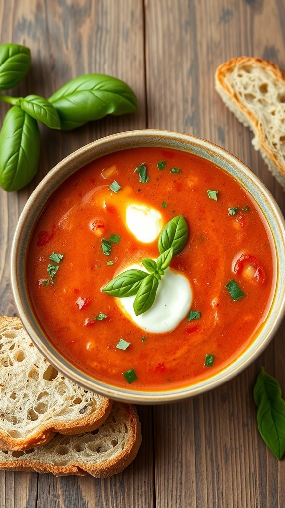 A bowl of roasted tomato and basil soup garnished with crème fraîche and basil on a wooden table with bread.